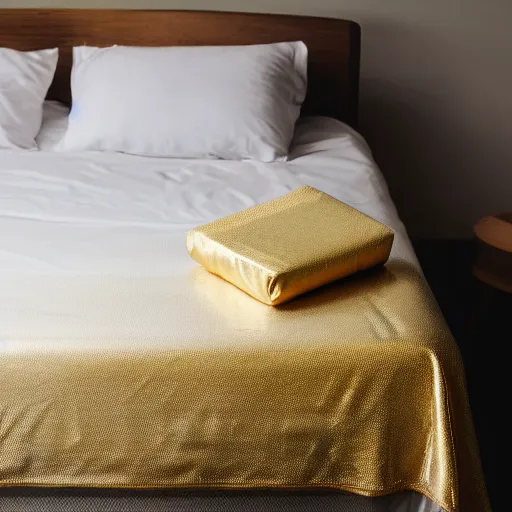 Prompt: a gold shirt resting on a bed