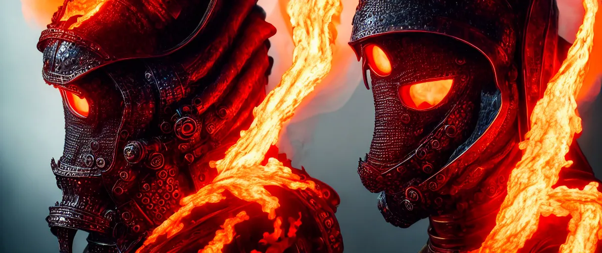 Image similar to hyperrealist highly detailed english medieval portrait of high fashion monster wearing flame fire smoke flame armor, radiating atomic neon corals, concept art pascal blanche dramatic studio lighting 8k wide angle shallow depth of field