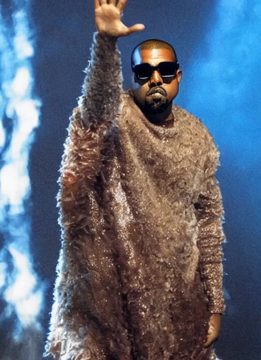 Image similar to a photograph of Kanye West in a fish costume