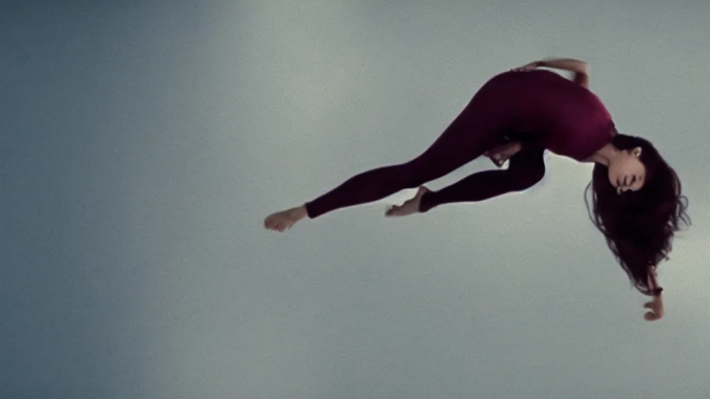 Image similar to a woman in a plank position free falling through the air, film still from the movie directed by Denis Villeneuve with art direction by Salvador Dalí, wide lens