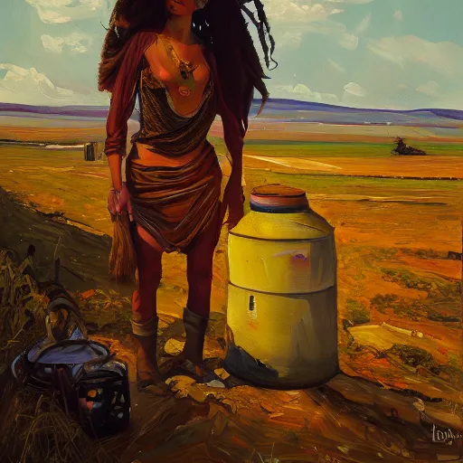 Image similar to beautiful detailed painting of a gypsy standing beside a broken tank at magic hour in the style of lucian freud, concept art, as seen on artstation, wide shot