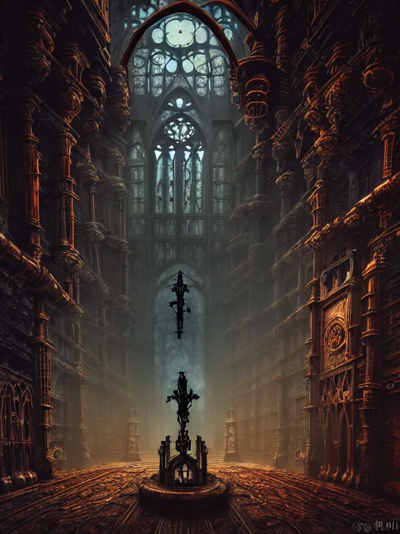 Image similar to steam necropolis, memento mori, gothic, neo - gothic, art nouveau, hyperdetailed copper patina medieval icon, stefan morrell, philippe druillet, ralph mcquarrie, concept art, steampunk, unreal engine, detailed intricate environment, octane render, moody atmospherics, volumetric lighting, ultrasharp, ominous, otherworldly