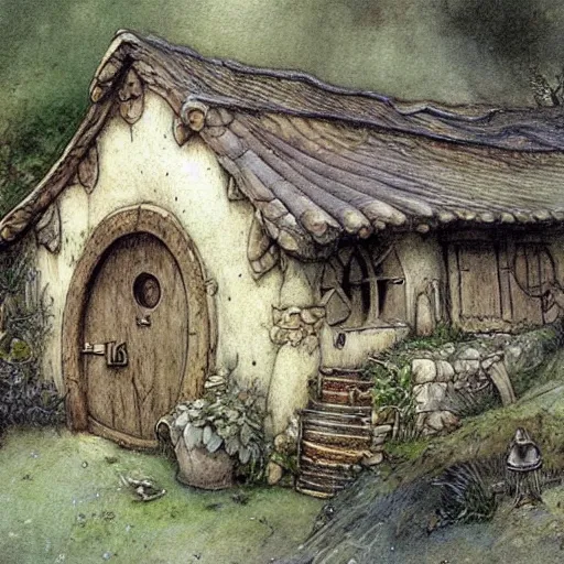 Image similar to hobbit house. muted colors. by Jean-Baptiste Monge style of Jean-Baptiste Monge painted by Jean-Baptiste Monge in art book of Jean-Baptiste Monge, art by Jean-Baptiste Monge, drawings by Jean-Baptiste Monge, paintings by Jean-Baptiste Monge