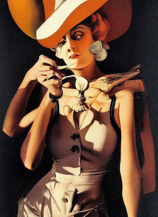 Image similar to surrealism, abstract, witch, portrait, close - up, make up, full big moon, painting by leyendecker, soft light