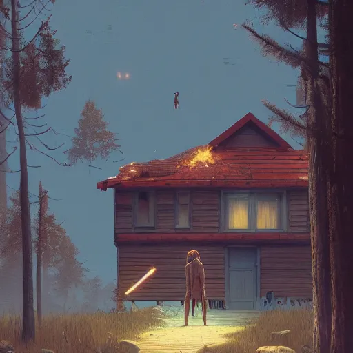 Image similar to woman leaving her wooden broken house by simon stålenhag, very highly detailed, award winning, rendered by Beeple, by Makoto Shinkai, syd meade, starwars, space art concept, digital art, unreal engine, blender, WLOP, trending on artstation, 4K UHD image, octane render