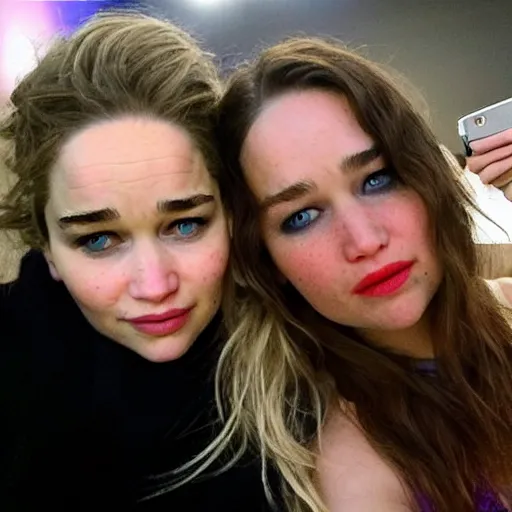 Image similar to a woman who is a genetic combination emilia clarke and jennifer lawrence takes a selfie with a woman who is the genetic combination of emily rudd and taylor swift, medium shot, detailed eyes,