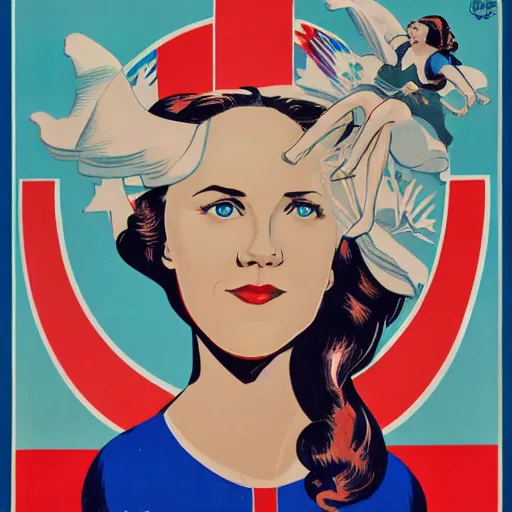 Image similar to portrait of young woman riding a bicycle in summer, soviet propaganda poster, hungarian flag in the background, colored, artgerm, highly detailed