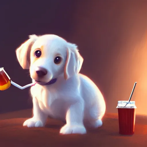 Image similar to cute puppy drinking soda, 8k, fantasy, cinematic lighting, highly detailed, digital painting, artstation, smooth, sharp focus, illustration, by Pixar