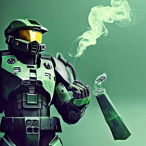 Image similar to “ master chief from the game hall smoking a bong filled with weed and blowing out smoke. ”