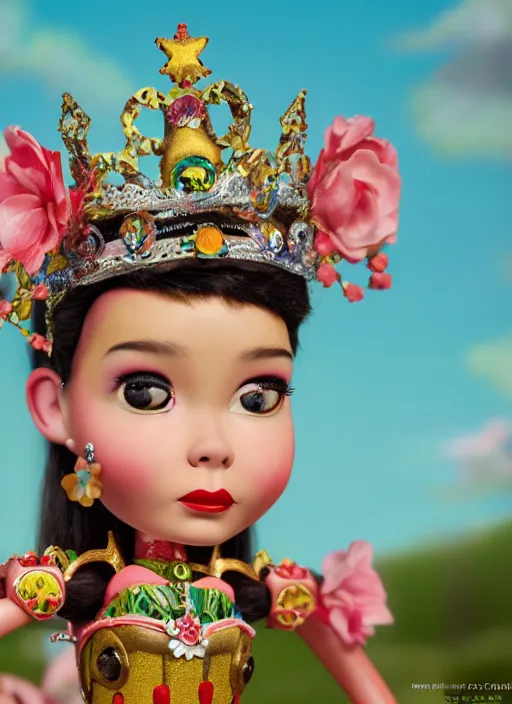 Image similar to closeup face profile portrait of tin toy bjork as a fairytale princess wearing a crown eating cakes, bikini, depth of field, zeiss lens, detailed, symmetrical, centered, fashion photoshoot, by nicoletta ceccoli, mark ryden, lostfish, breathtaking, 8 k resolution, extremely detailed, beautiful, establishing shot, artistic, hyperrealistic, octane render