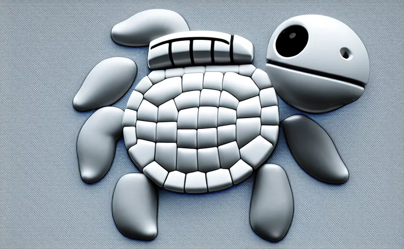 Image similar to artificial Intelligence turtle with its shell made out of modular-synth dials and knobs with a small AMOLED display, LED light accents, sleek design by apple, triple white colorway, modular-synth, VST, 4k, 33mm, high quality photo,