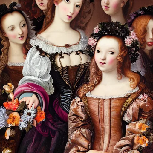 Image similar to renaissance, baroque 8k oil painting group of creepy young ladies wearing renaissance long harajuku manga dress with flowers and skulls, background chaotic flowers