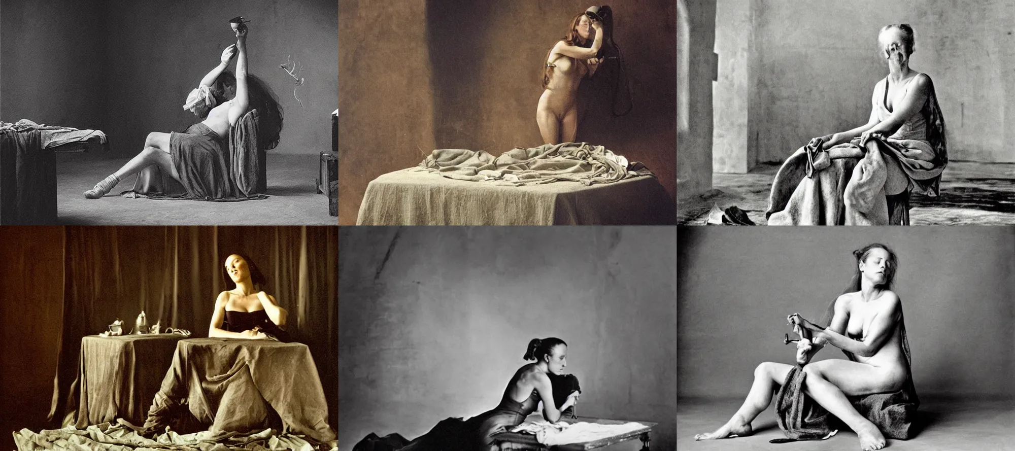 Prompt: picture by annie leibovitz of a woman sewing, in the style of marquis de sade