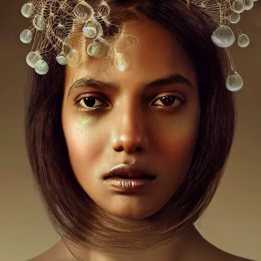 Image similar to a close - up shot of a brown woman wearing a luminous armor made of neon jelly fishes. jellyfish cap. soft lighting. fragile. haunting eyes!! coherent face!! no makeup!! muted colors. by ray caesar. by louise dahl - wolfe. by andrea kowch. surreal photography