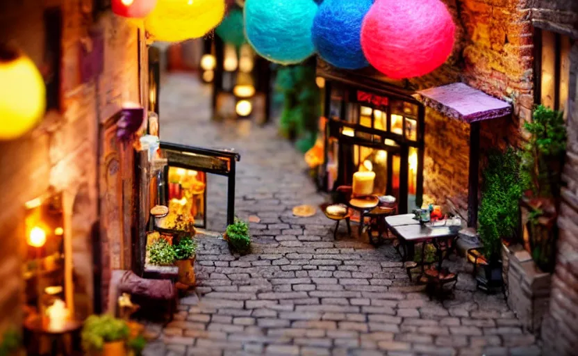 Image similar to mini cafe diorama macro photography, alleyway, cafe for felted animals, ambient, colorful paper lanterns, atmospheric photograph, string lights, romantic