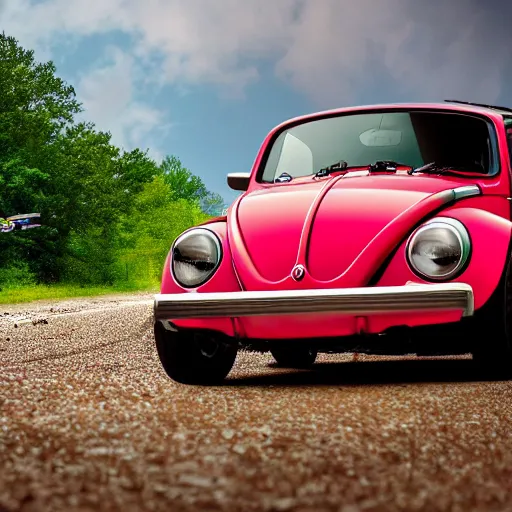Prompt: promotional scifi - blockbuster movie scene of an insect - ladybug'glossy volkswagen beetle'hybrid, flying down a dusty backroad in smokey mountains tennessee. the hybrid is 2 / 3 ladybug. cinematic, muted dramtic color, 4 k, imax, 7 0 mm, hdr