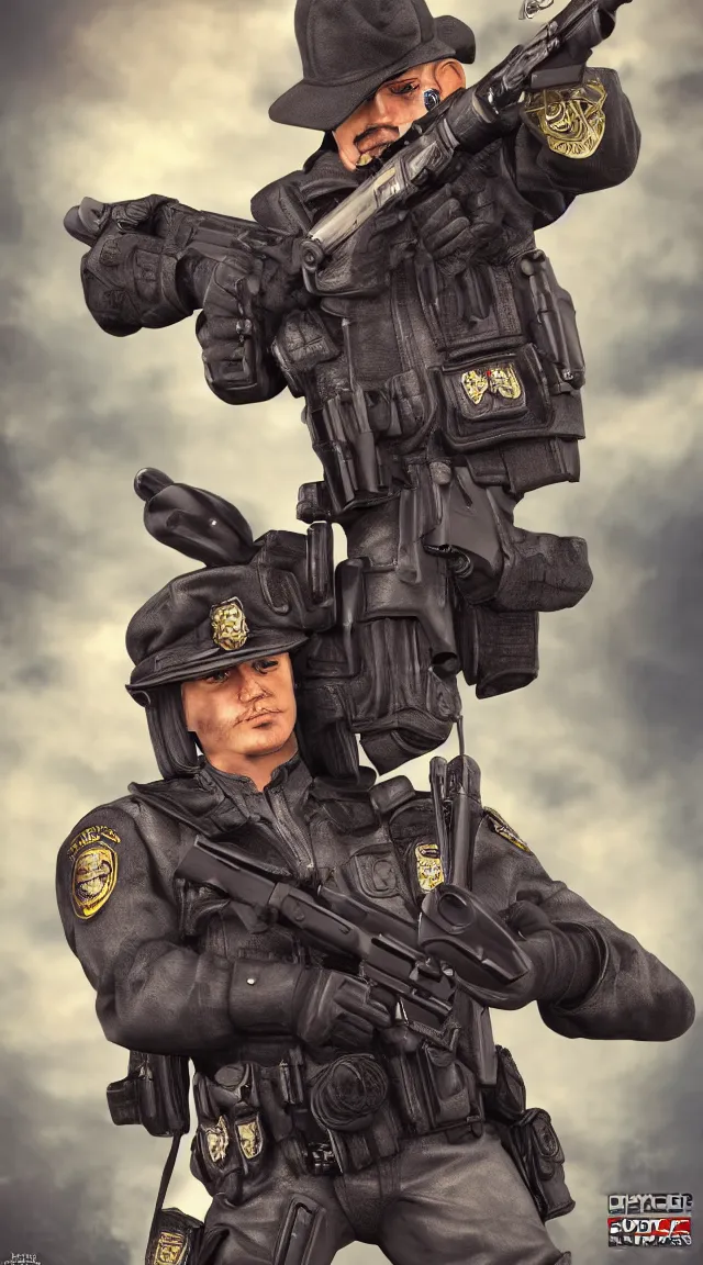 Prompt: toy police officer, render, hd, hdr, hyperrealistic, stunning art, masterpiece, hyper detailed