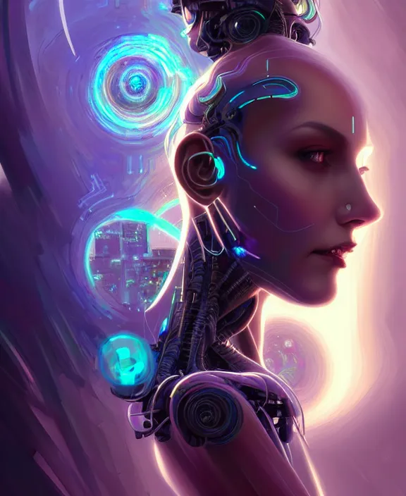 Image similar to a whirlwind of souls rushing inside the metaverse, hologram, half body, neurochip, shaved temple, piercing, jewelry, android, cyborg, cyberpunk face, by loish, d & d, fantasy, intricate, elegant, highly detailed, colorful, digital painting, artstation, concept art, art by artgerm and greg rutkowski and alphonse mucha