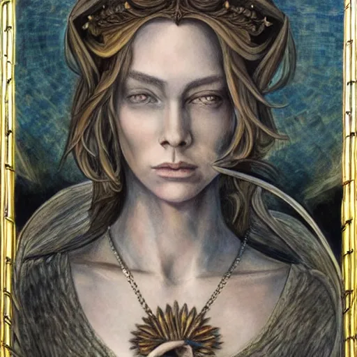 Image similar to most beautiful portrait jeanne d'arc in the style of william blake, terese nielsen, detailed, intricate, beautiful faces, steve argyle, loss of sanity, silk brethren, keen dusk sea pastoral fantastic reality