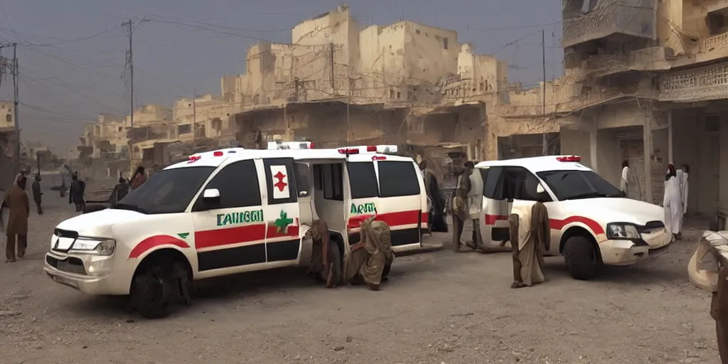 Image similar to arabic ambulance attending emergency in pakistan city, light cinematic, volumetric, realistic, cinematic lighting, hyper realistic