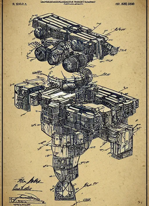 Image similar to battletech mech with axe for a hand cross - section blueprints by thomas hubert. in the style of a 1 9 0 3 patent design diagram