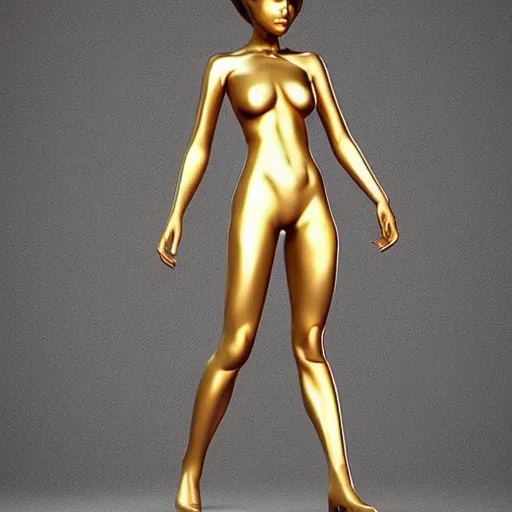 Image similar to a woman with golden skin, in the style of vitaly bulgarov, nanogirl!! nanogirl v 2!! zbrushcentral