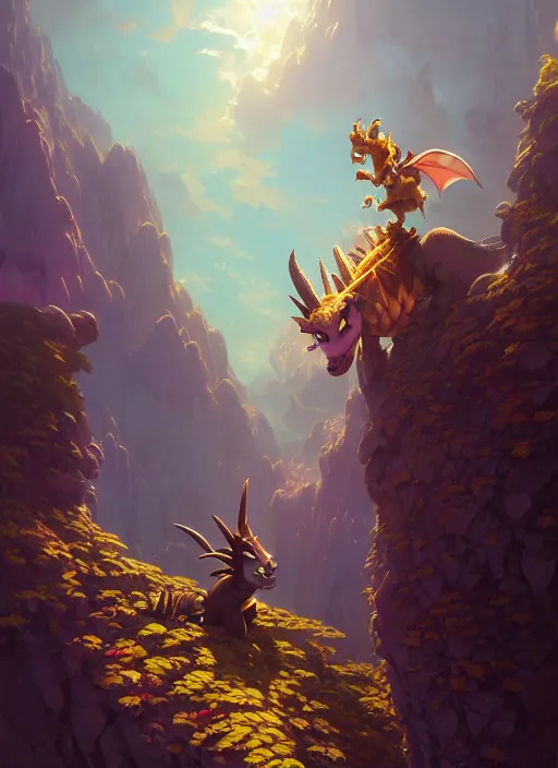 Image similar to Highly detailed portrait of Spyro the dragon, Stephen Bliss, unreal engine, fantasy art by Greg Rutkowski, Loish, Rhads, ferdinand knab, Makoto Shinkai and Lois van baarle, ilya kuvshinov, rossdraws, Tom Bagshaw, alphonse mucha, global illumination, radiant light, detailed and intricate environment