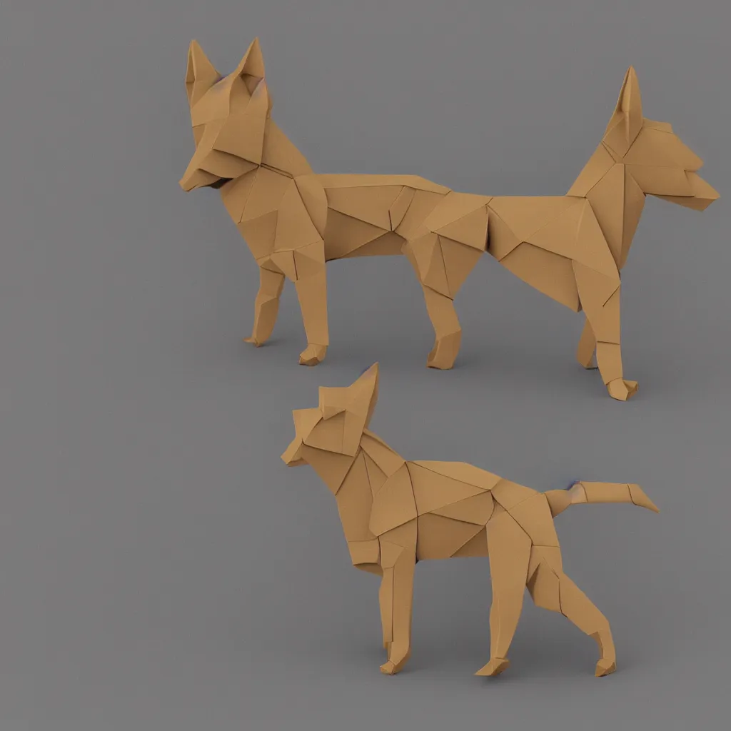 Image similar to 3 d rendering of japanese cardboard origami of simple shape of german shepherd, 2 d image, trending on artstation