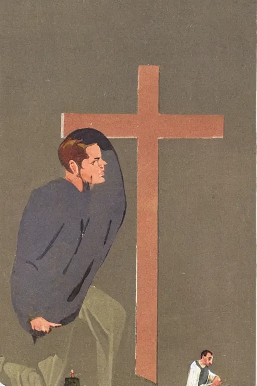 Prompt: man kneeling at the base of a wooden cross, 1960’s advertising art illustration