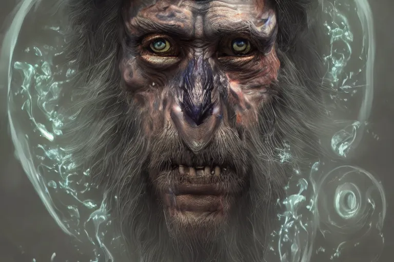 Image similar to a wlop 3 d render of very very very very highly detailed beautiful mystic portrait of a phantom undead mage ape with whirling galaxy around, tattoos by anton pieck, intricate, extremely detailed, digital painting, artstation, concept art, smooth, sharp focus, illustration, intimidating lighting, incredible art,