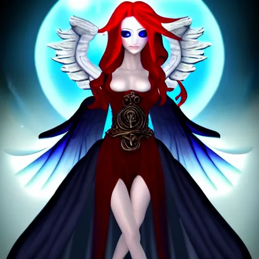 Image similar to beautiful female mage with red hair, angelic figure, dark wings