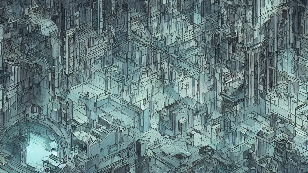 Image similar to full page scan of 1400s detailed concept art, cyberpunk, mathematics and geometry, architecture, sewage system, urban section, floor plan, architectural section, post apocalyptic, desaturated, neon blue, 8K matte, good lighting, concept in the style of blame! manga