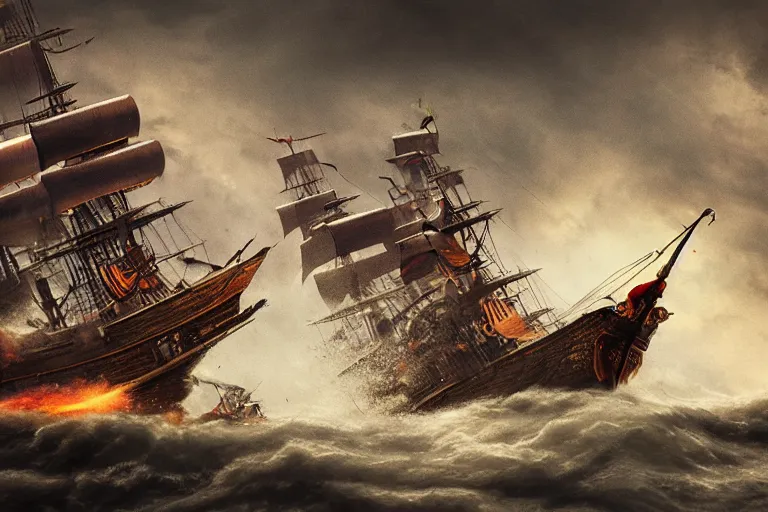 Image similar to epic pirate ship cannon battle in a storm, in the style of vernon grant and chris van allsburg, trending on artstation, bright tilt - shift camcorder effect, photoshop, retrowave, hyperrealism, octane, sharp focus, masterpiece