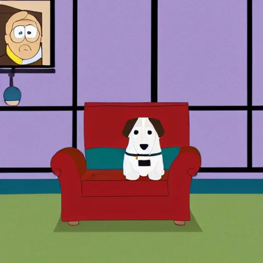 Image similar to a guy sitting on a couch with his beagle in south park