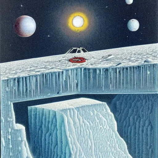 Image similar to codex seraphinianus of the flat earth model surrounded by a ice wall and firmament