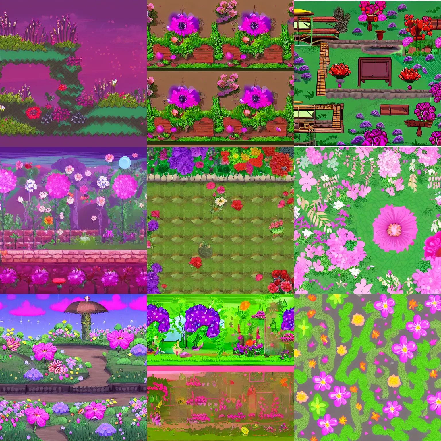 Prompt: background of a side scroller game set in a floral scene