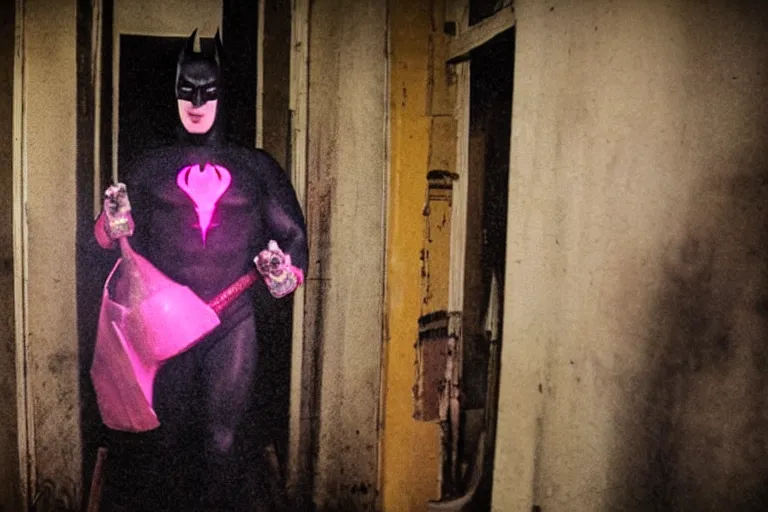 Image similar to michael keaton batman covered in beer wearing pink apron wielding an axe, chasing through old brown decrepit hallway, creepy smile, atmospheric eerie lighting, photorealistic face, dim lighting, bodycam footage, motion blur, photography