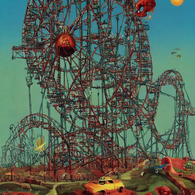 Prompt: an amusement park with rollercoasters, rides, a ferris wheel, and attractions, by richard corben, zdzisław beksinski. goosebumps cover art. pulp horror art.