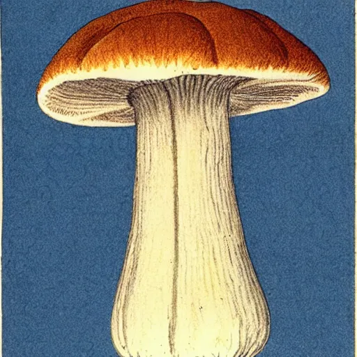 Prompt: botanical illustration of an alien mushroom. naturalist color illustration, textbook drawing, drawn on vellum, detailed illustration, nobel prize