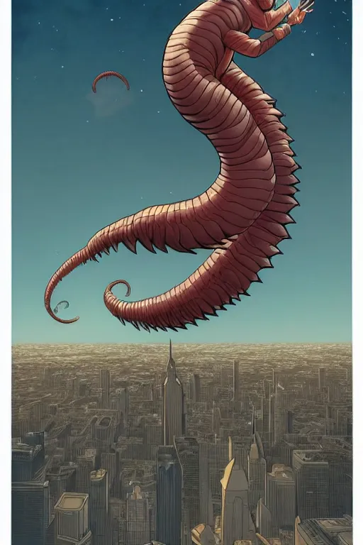 Image similar to comic cover art of a ( very very gigantic worm ) floating in the sky above a metropolitan city, above the viewer, by jenny frison and sana takeda, intricate details, stunning inking lines, flat colors, 4 k, hd, artstation