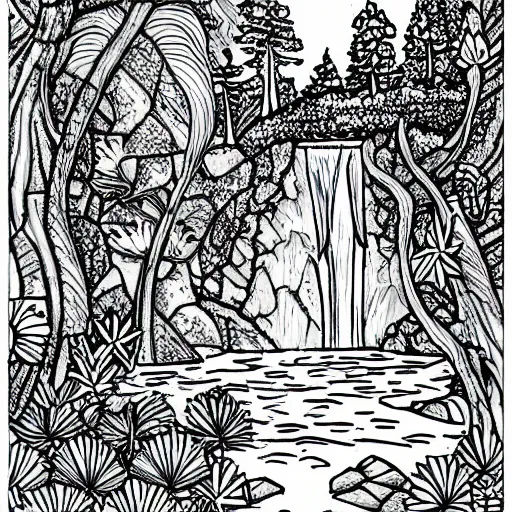 Image similar to an adult coloring page of a waterfall in the enchanted forest