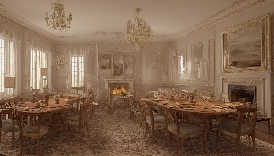 Image similar to White dining room with a fireplace and a long wooden table in a beautiful English manor at day, hyperdetailed, artstation, cgsociety, 8k