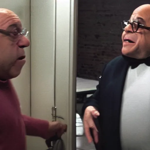 Image similar to pov encounter with danny devito in the backrooms, realistic, liminal space, unnerving