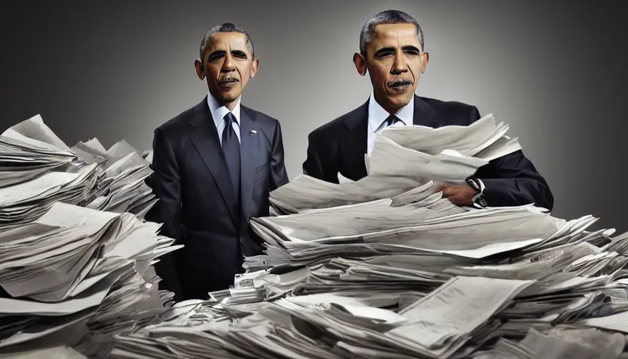 Image similar to obama nervously standing by a mountain of papers, cnn news footage, 8 k.