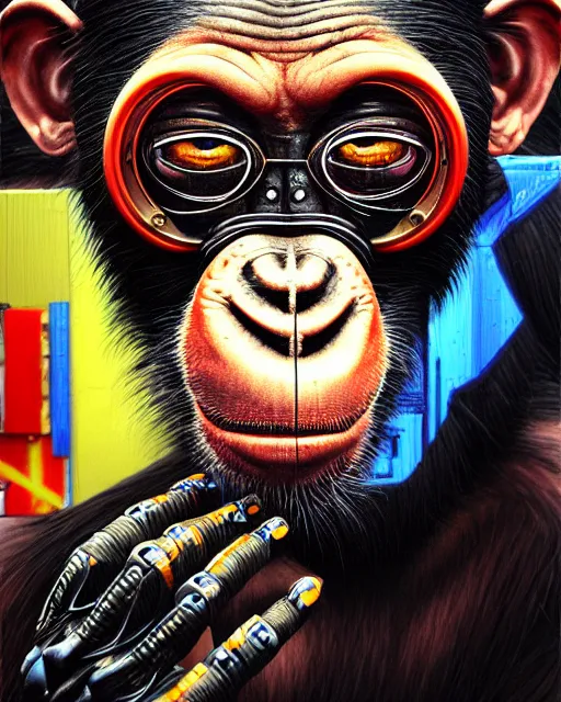 Image similar to a portrait of an anthropomorphic cyberpunk chimp by sandra chevrier, by jon foster, detailed render, tape deck, epic composition, cybernetics, 4 k realistic, cryengine, realistic shaded lighting, sharp focus, masterpiece, by enki bilal