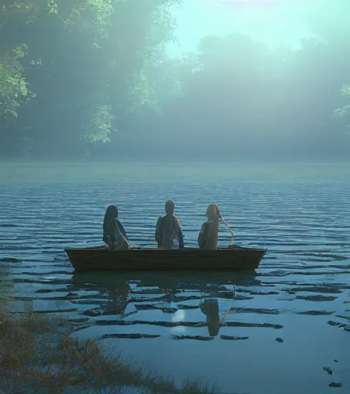 Image similar to three crows in a little boat in a swamp, volumetric lighting, fog, majestic light, octane render, ethereal glare of the sun, hyperrealistic, epic, masterpiece, by makoto shinkai