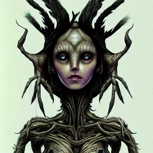 Image similar to detailed illustration of attractive humanoid alien species with beautiful human female face, female human torso, dark fae, black feathers instead of hair, feathers growing out of skin, wings growing out of arms, transformation, brian froud, tim burton, guillermo del toro