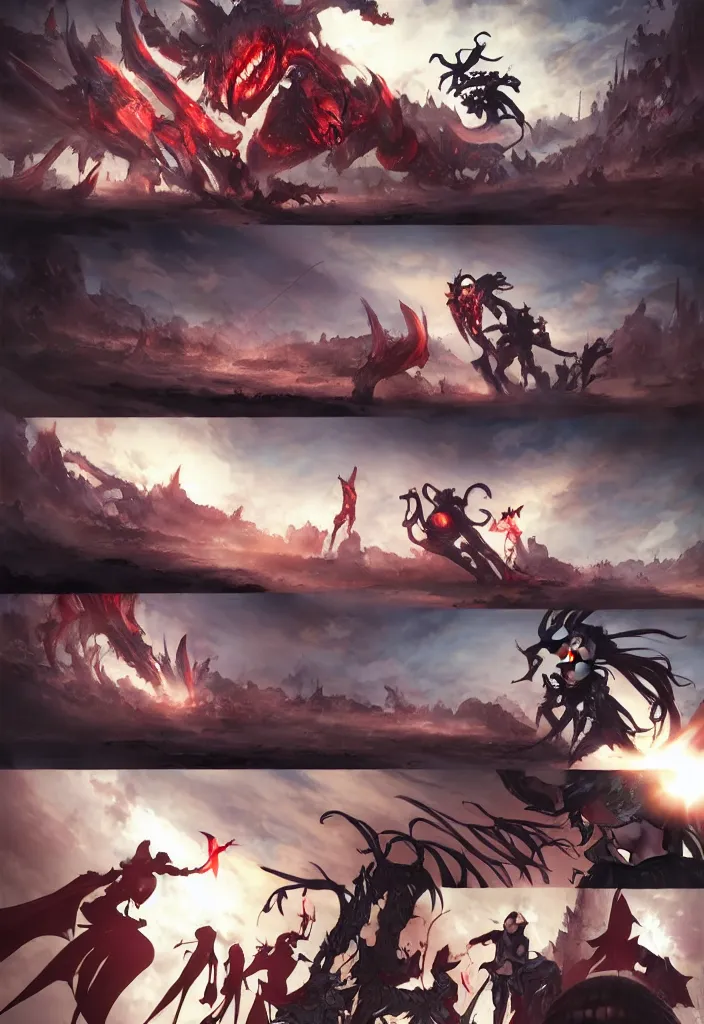 Prompt: Comic panel layout, battle between gigantic alien demon and a beautiful warrior woman, in post apocalyptic downtown Tokyo, by Krenz Cushart and Pan_Ren_Wei and Hongkun_st and Bo Chen and Steve Zheng and WLOP and Alex Chow and askziye, and Bukurote, and Ryota-H, Marvel comic style, amazing light and shadows, dapped light, dark fantasy, high detail, hyper realistic, trending on artstation