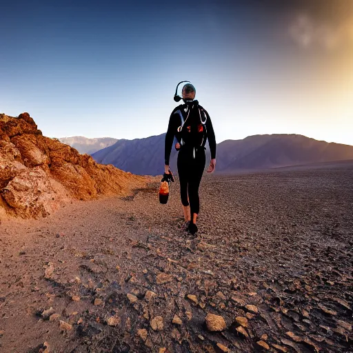 Image similar to a scuba diver walking in death valley, photography, highly detailed, high quality, 8 k, soft lighting,