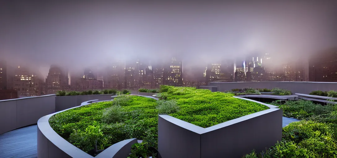 Prompt: curved roof planes lift and descend creating shade and architectural expression, situated on a minimalist rooftop garden in manhattan, highly detailed, vivid color, high resolution photography, mist, dusk